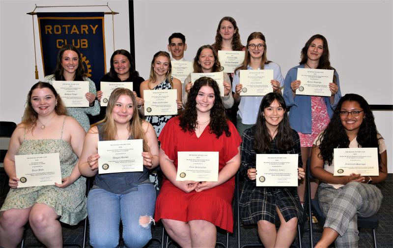 Recipients of the 2023 Belfast Rotary Club scholarships pose for a group photo after the 13 recipients were awarded $80,000, in amounts of $5,000 to $10,000, at the Club’s scholarship banquet held May 25 at the University of Maine Hutchinson Center. Pictured are (left to right), front row: Jacey Bock, Abigail Brown, Grace Scharlacken, Dakota Jones, Savannah Springer; second row: Sydney Vogel, Brynne Sawyer, Audra Faulkingham, Mia Winslow, Greta Ahlefeld, Maiara Rebordão; back row: Cole Ellis, Kricket Thompson. (Photo courtesy Belfast Rotary Club)